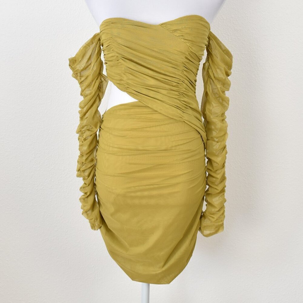Miss Circle Ruched Chartreuse Cold Shoulder Bodycon Cut Out Dress - M - Picture 4 of 10